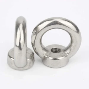 DIN 582 stainless steel eye nuts, upright and angled views