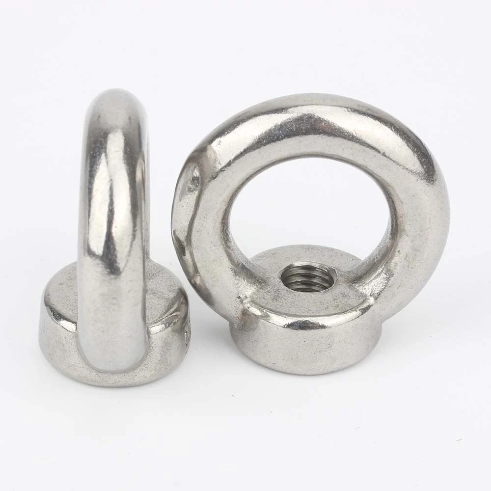 DIN 582 stainless steel eye nuts, upright and angled views