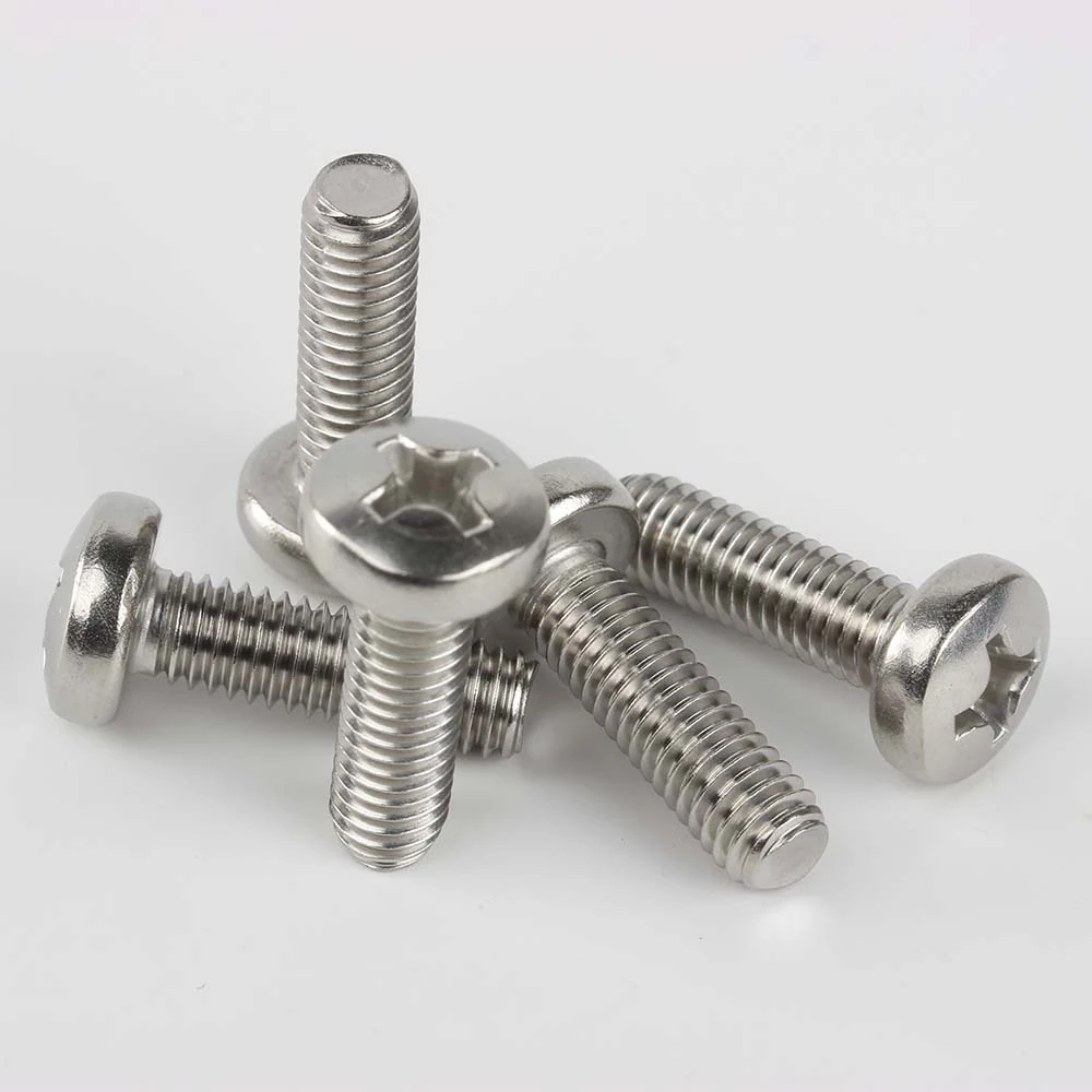 DIN 7985 pan head screws showing Phillips recesses and full threads