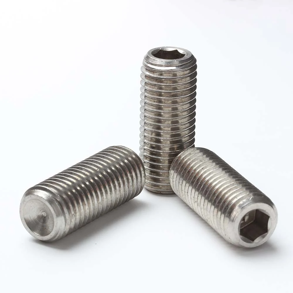 Group of DIN 916 stainless steel hex socket cup point set screws