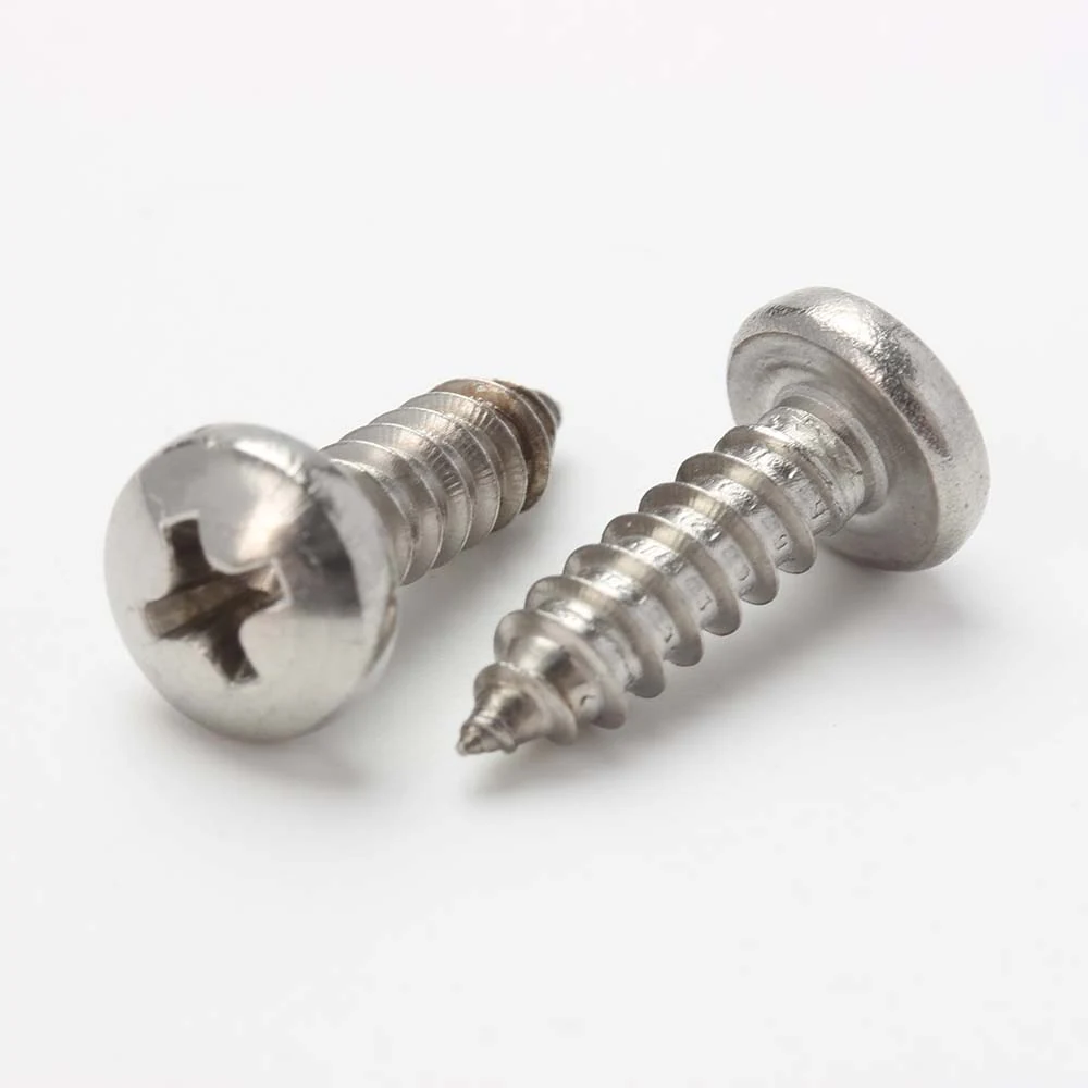 GB 845 self-tapping screws showing pointed ends, threads and Phillips pan heads