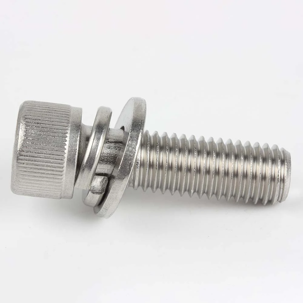 Side view of a socket head screw assembled with a spring washer and flat washer