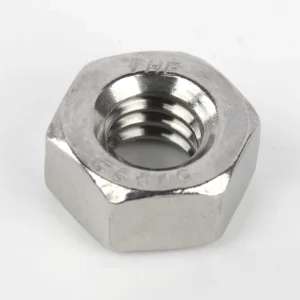 Stainless steel regular hex nut with THE F594C marking and internal thread