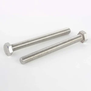 Two full-thread stainless steel hexagon bolts shown from opposite angles