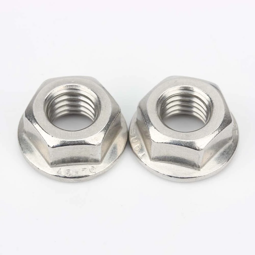 TONG DIN 6923 stainless steel plain flange nuts showing the threads and flange markings