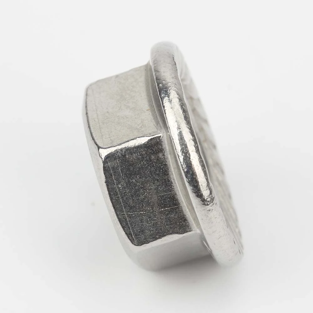 Side view of a DIN 6923 stainless steel serrated flange nut