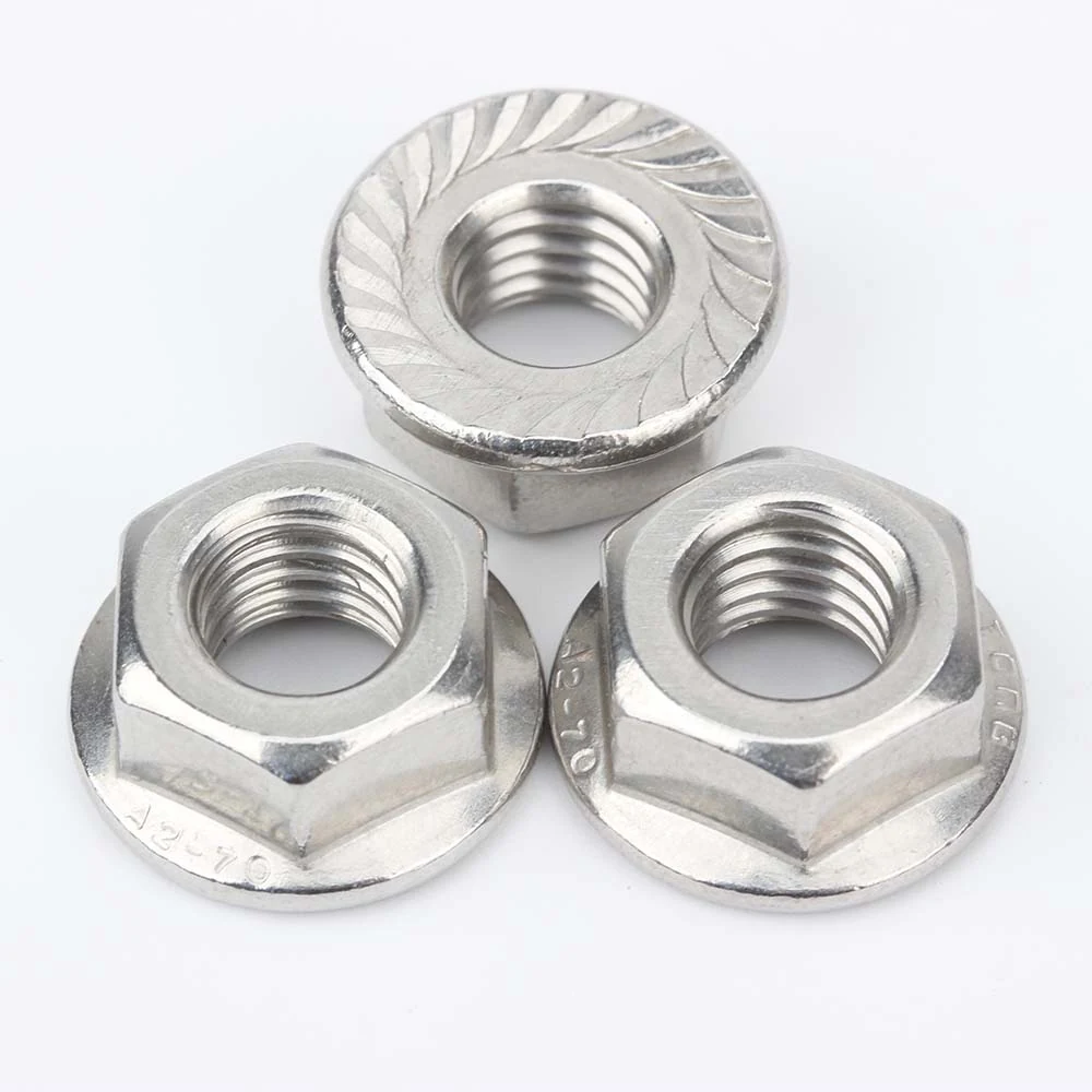 TONG DIN 6923 stainless steel serrated flange nuts showing the toothed bearing face and thread