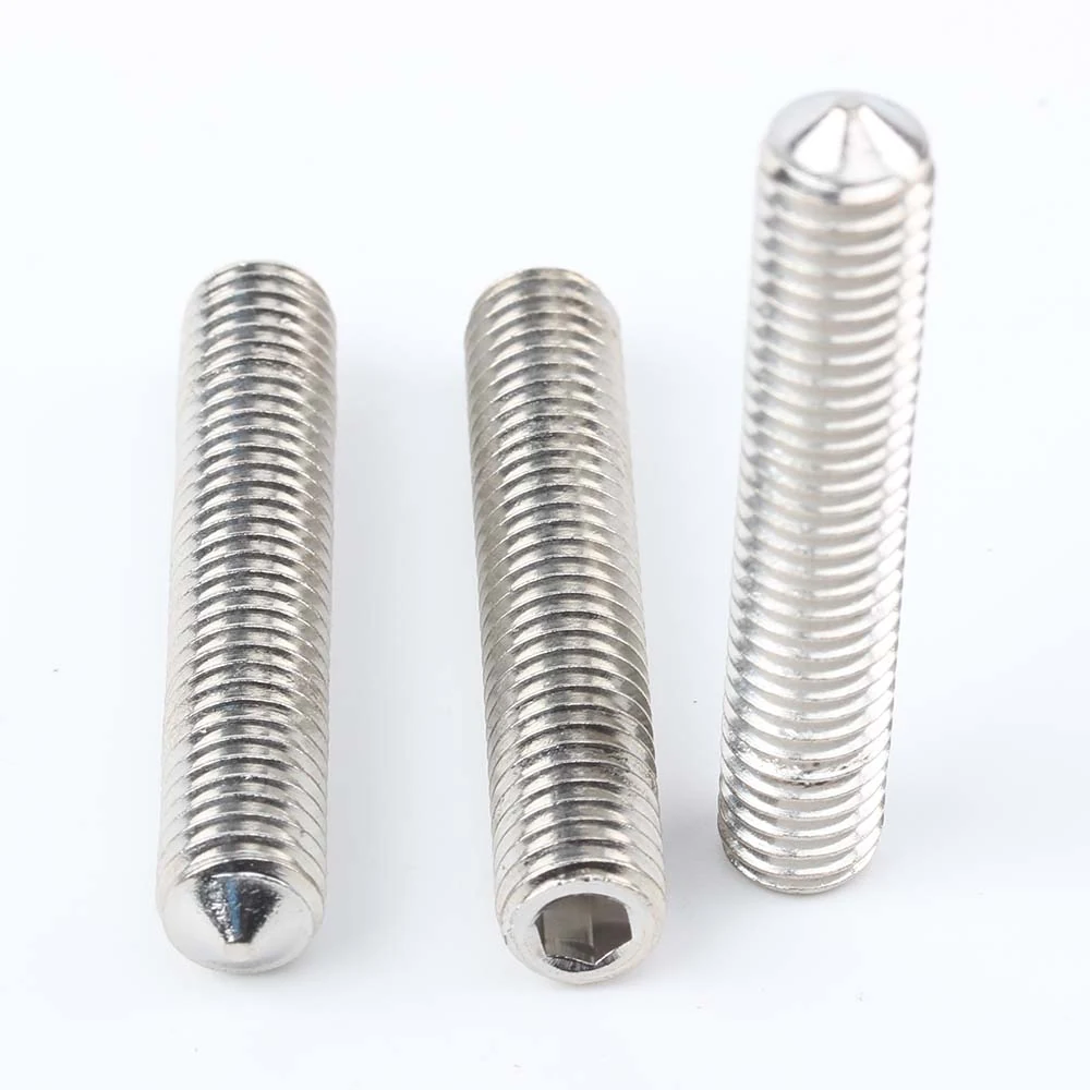 DIN 914 cone point set screws showing the pointed end and hex socket