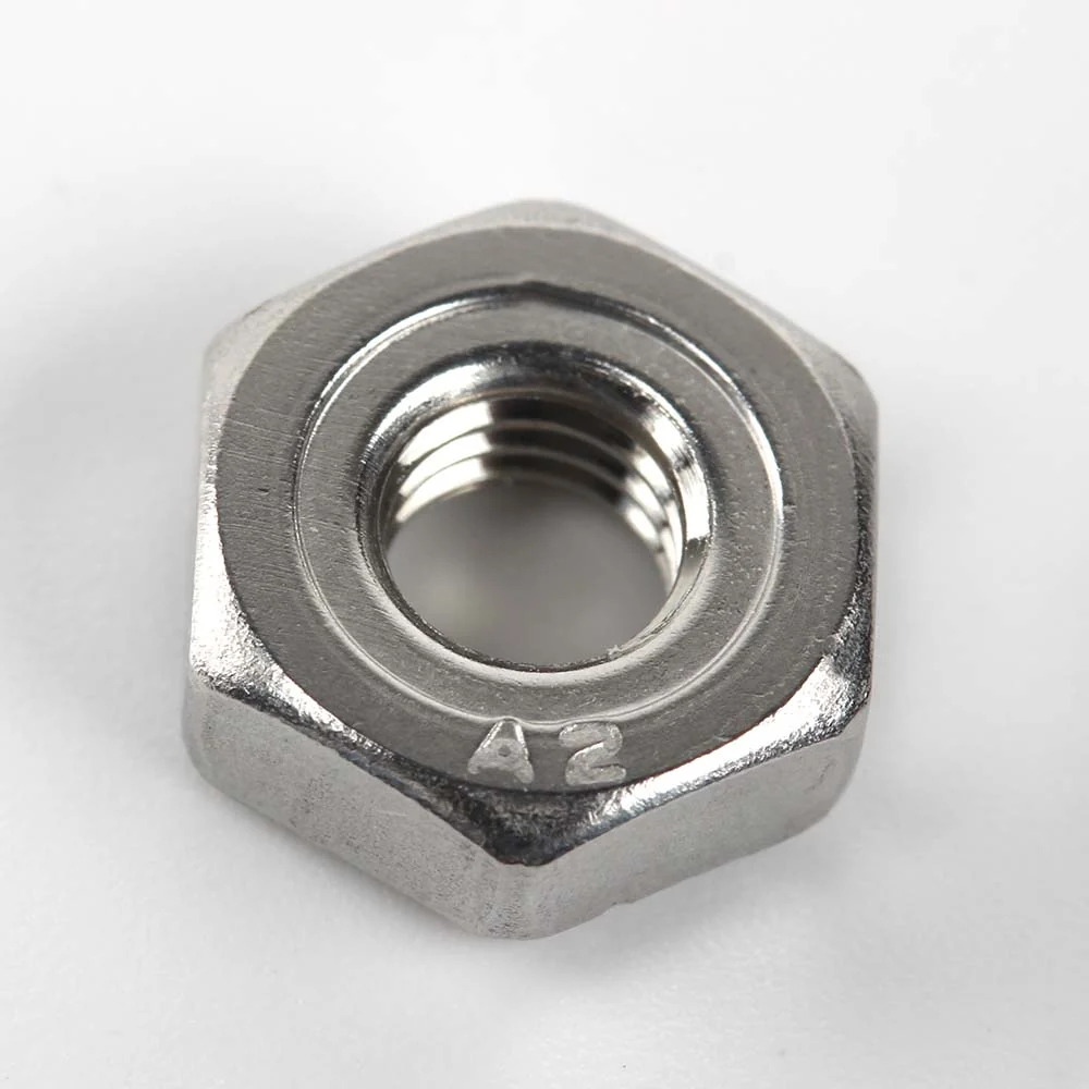 DIN 929 hexagon weld nut showing the A2 marking and internal thread