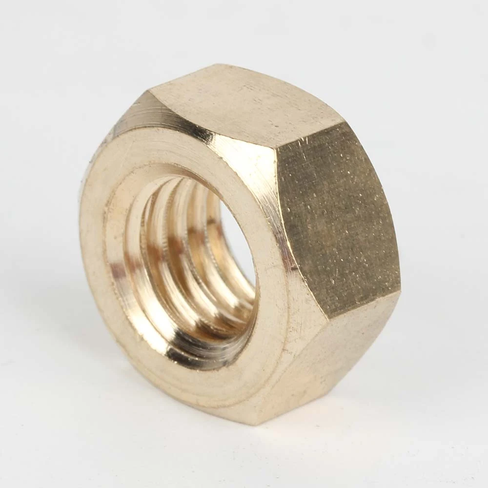 Close-up of a DIN 934 brass hexagon nut showing the internal thread and hexagonal sides