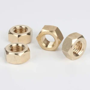 DIN 934 brass hexagon nuts shown from multiple angles with visible threads and side profiles