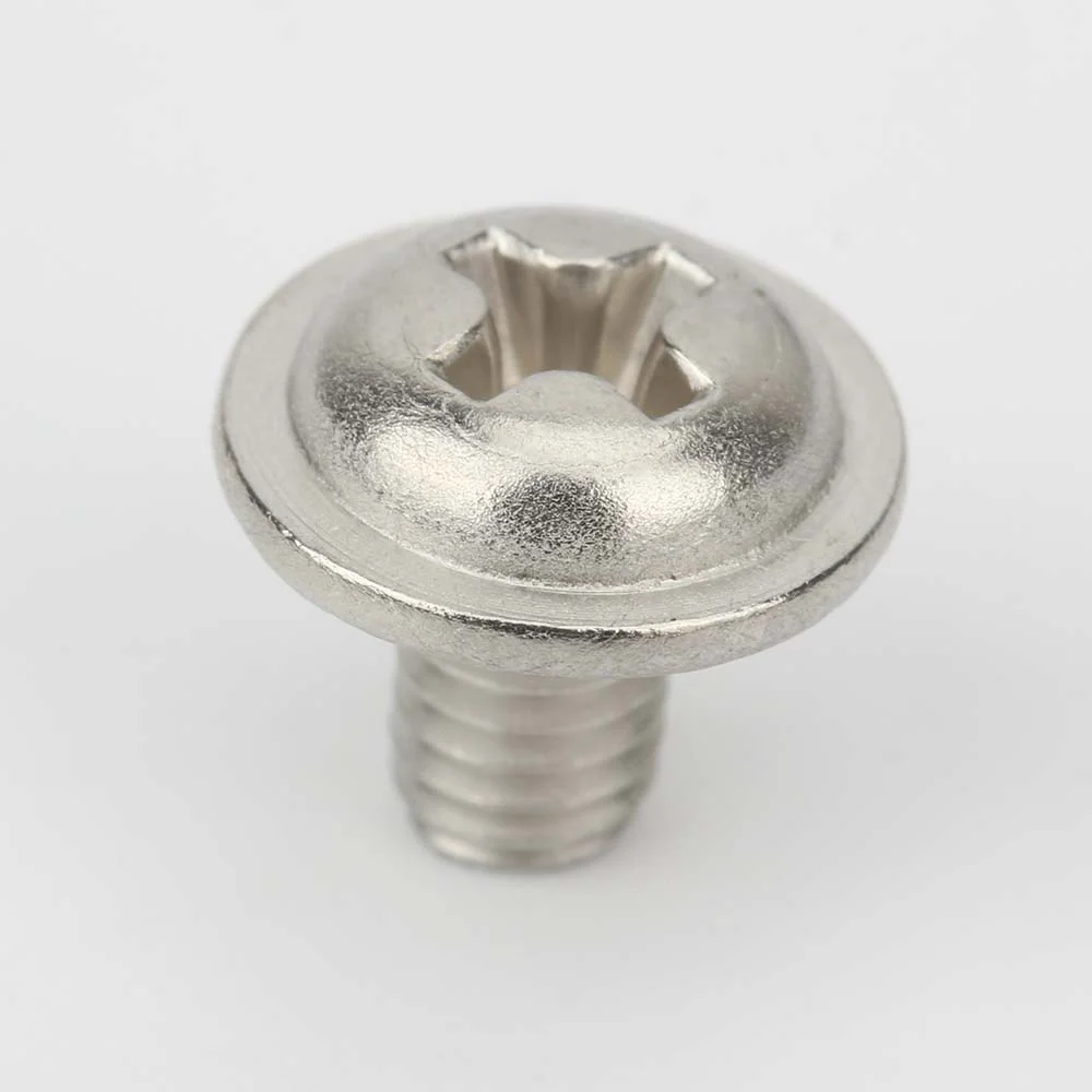 Close-up of the cross recess and integral collar on a DIN 967 pan head screw