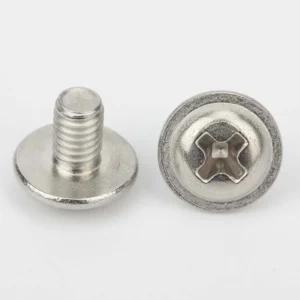 DIN 967 cross-recessed pan head screws showing the integral collar, threaded shank and drive from two angles