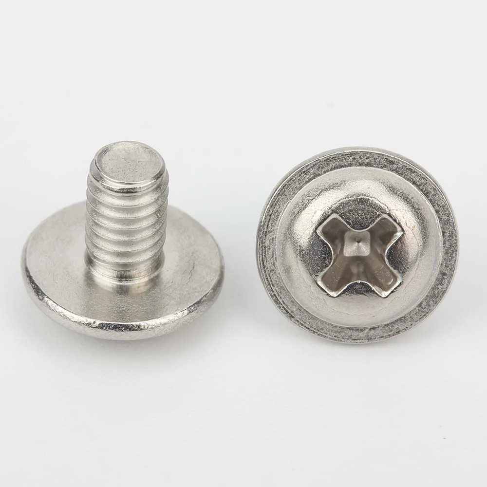 DIN 967 cross-recessed pan head screws showing the integral collar, threaded shank and drive from two angles