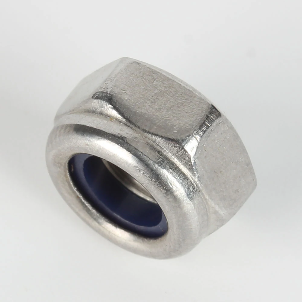 DIN 985 stainless steel lock nut viewed from the blue nylon insert side