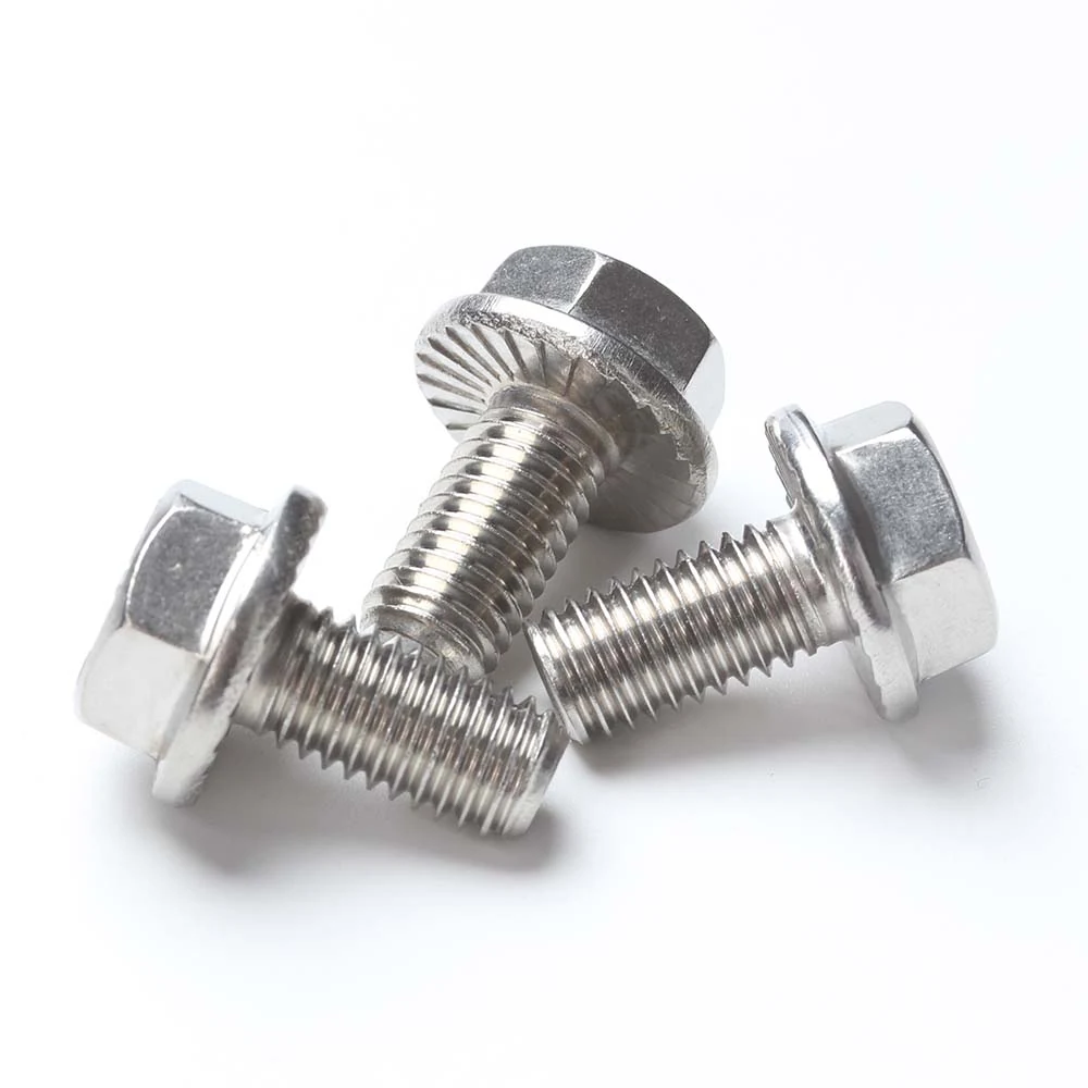 GB 5789 hex flange bolts showing the serrated underside and threaded shafts