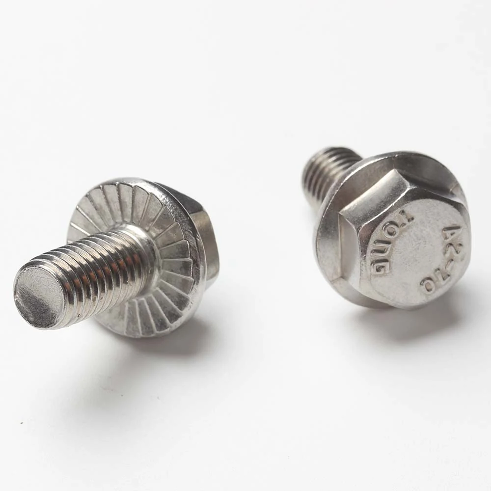 TONG GB 5789 stainless steel hex flange bolts showing serrations beneath the flange