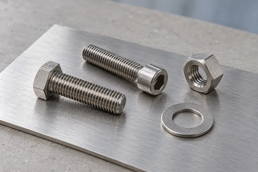 Illustrative stainless steel screws, nut and washer on brushed sheet for the 304 material guide