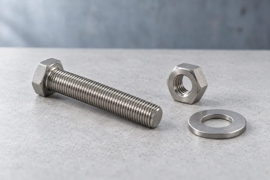 Illustrative stainless steel bolt, hexagon nut and washer for the 316 material guide