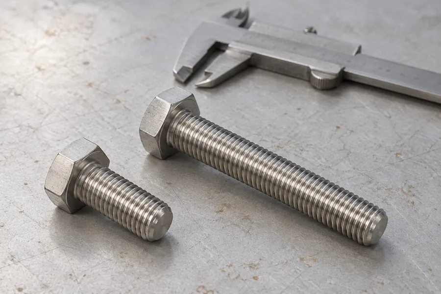 Illustrative full-thread hexagon head screws beside a caliper for the ISO 4017 guide