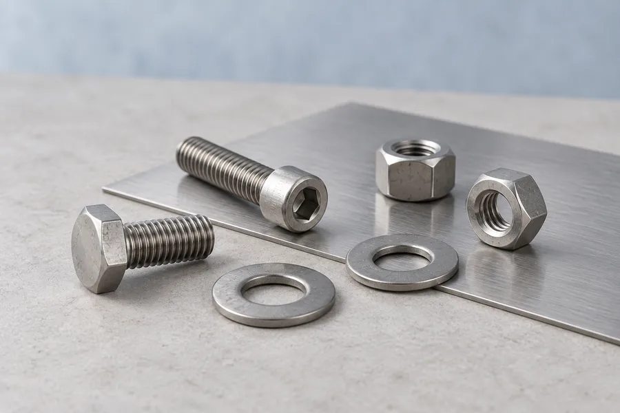 Illustrative stainless steel fastener assortment on a brushed metal sample