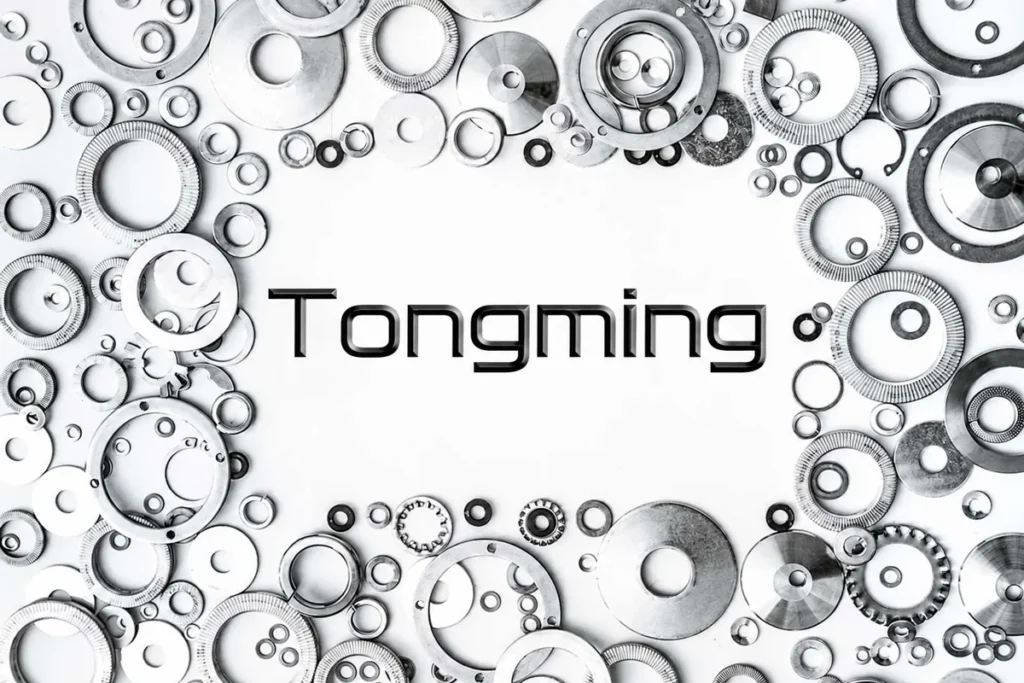 Tongming lettering surrounded by stainless steel washers and retaining rings