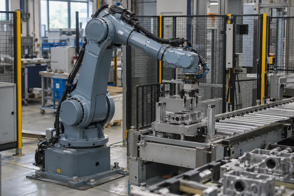 Industrial robot arm and conveyor inside an automation cell