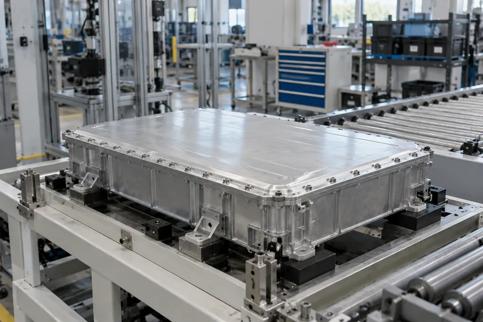 Closed automotive battery enclosure on an assembly fixture