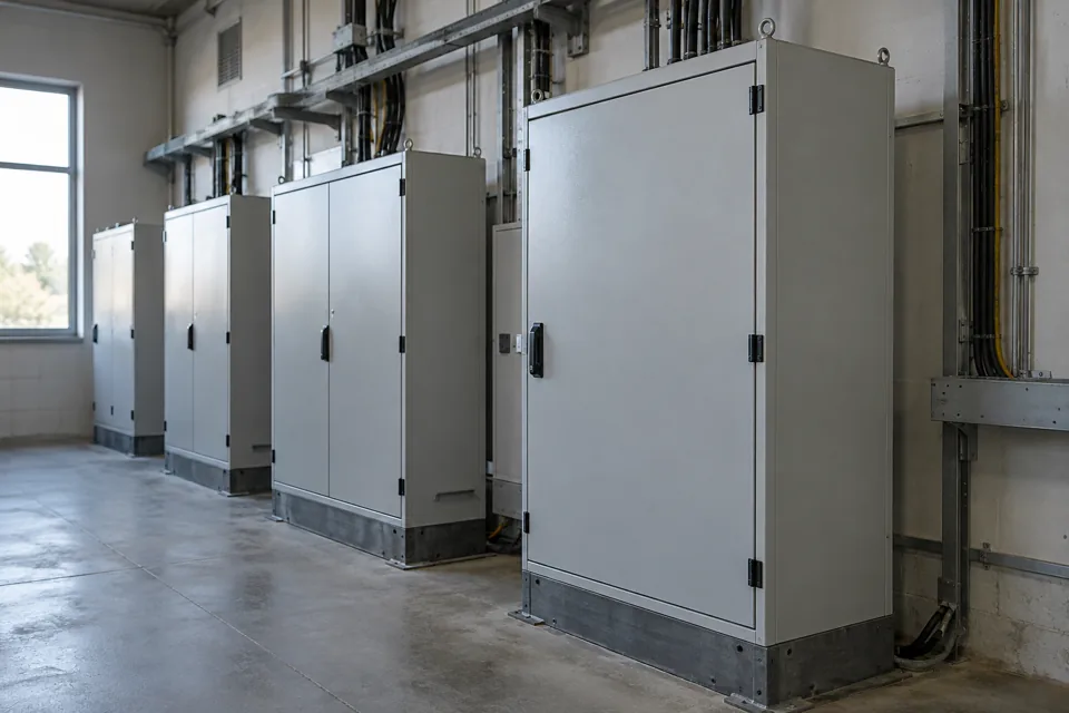 Metal electrical control cabinets with cable trays