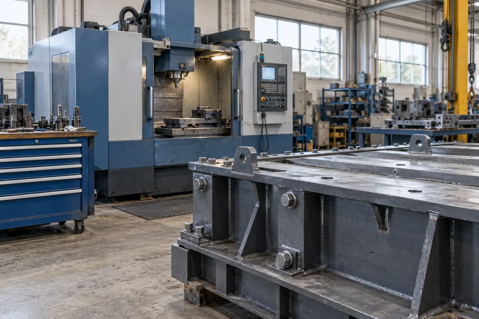 Machining equipment and a bolted steel base in an industrial workshop