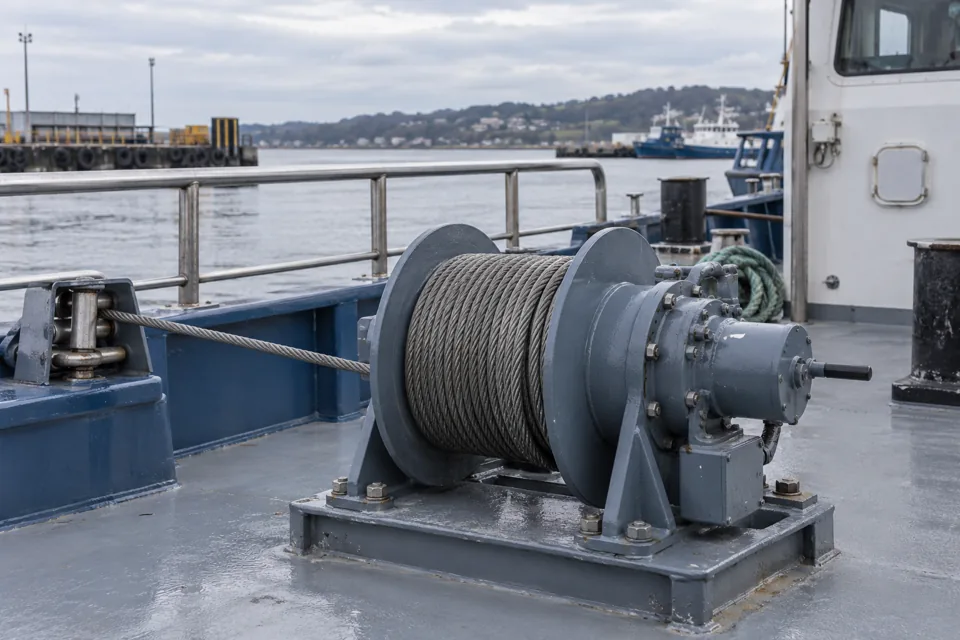 Marine deck winch on a workboat in a quiet port
