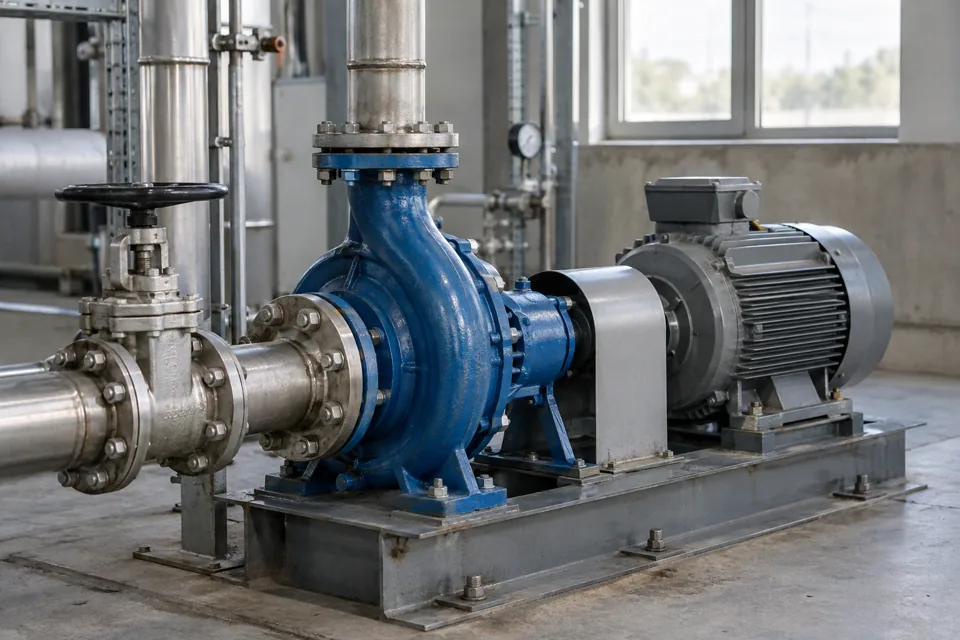 Industrial pump, motor and flanged stainless steel pipework