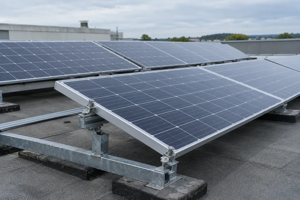 Photovoltaic panels mounted on metal rooftop rails