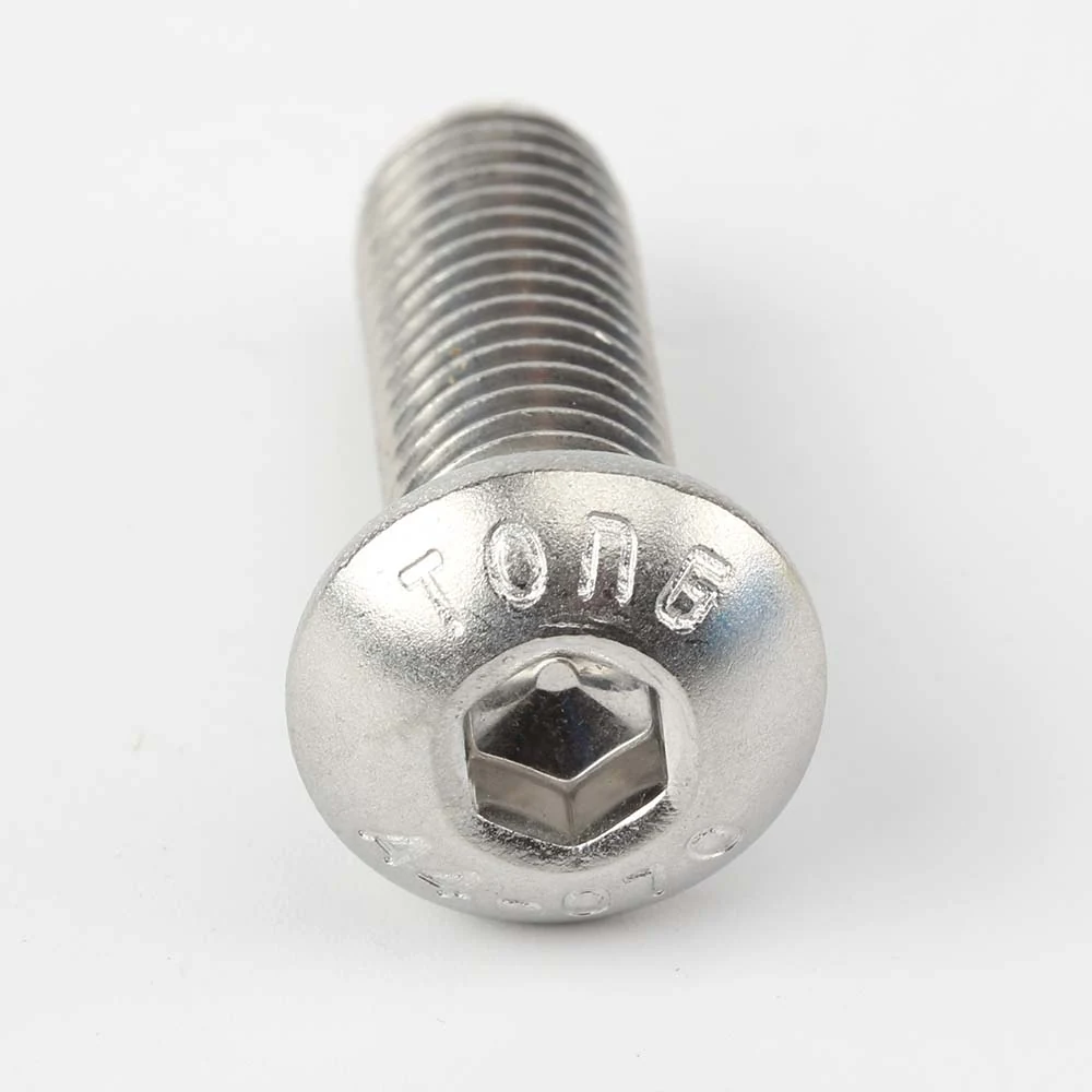 TONG marking and hex socket on an ISO 7380 stainless steel button head screw