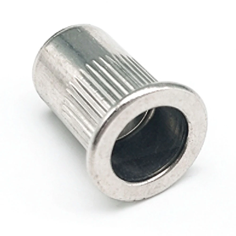 Open-end flat-head knurled rivet nut, flange and internal thread view