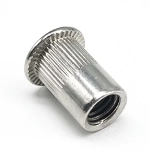Open-end flat-head knurled round-body rivet nut showing the open threaded end