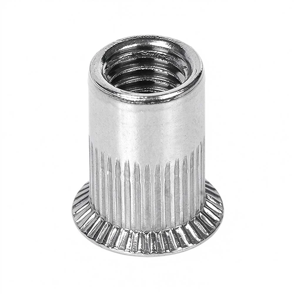 Large countersunk knurled round-body rivet nut showing the internal thread and head